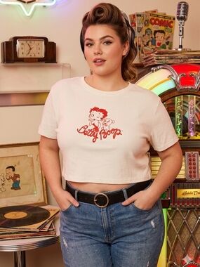 Betty Boop White Crop Top with Red Logo Womens Large
